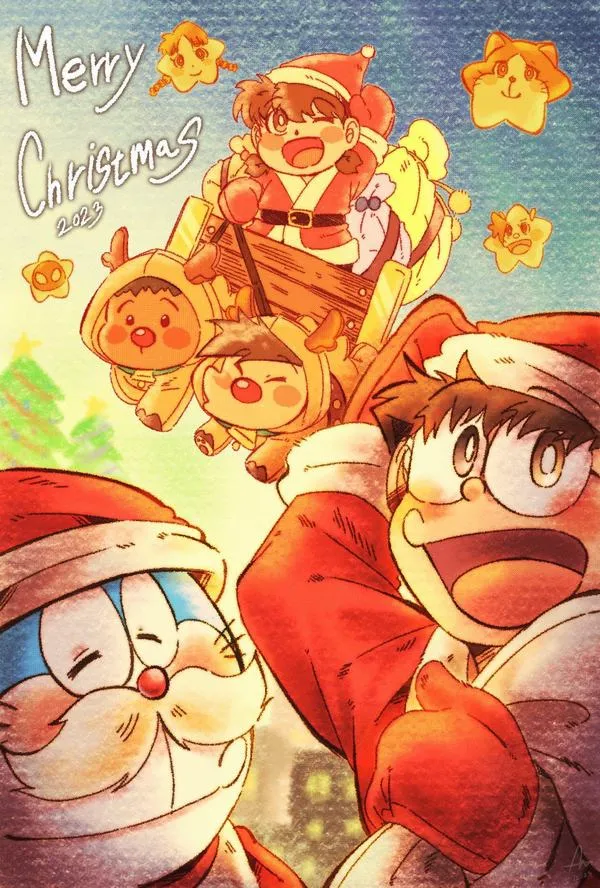 hinh-anh-doraemon-tet-2026-6 Ảnh Doraemon ôm bạn bè trong khung chúc mừng năm mới, màu đỏ cam ấm, vibe đoàn viên