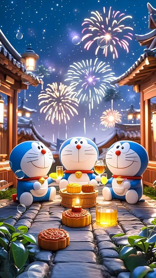 hinh-anh-doraemon-tet-2026-7 Hình mèo máy thông minh và nhóm bạn ngắm pháo hoa, ngõ phố Tết lung linh, cảm giác ấm áp