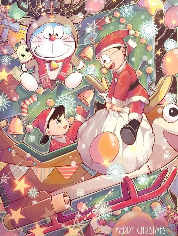 hinh-anh-doraemon-tet-2026-8 Ảnh fanart Doremon bay giữa bầu trời lễ hội, màu sắc rực rỡ, hợp làm hình nền 4K