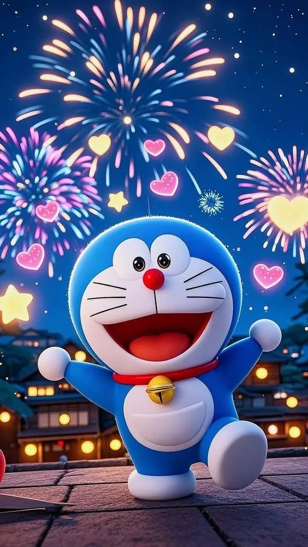 hinh-anh-doraemon-tet-2026-9 Hình nền Doraemon cười tươi giữa pháo hoa và phố xuân, tông xanh đỏ nổi, nhìn ngầu