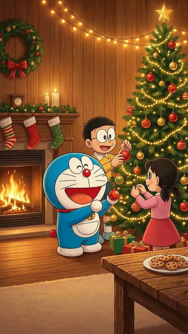 Hình nền điện thoại Doraemon bên cây thông Noel, phòng ấm, đèn vàng dịu, nhìn lâu vẫn dễ chịu