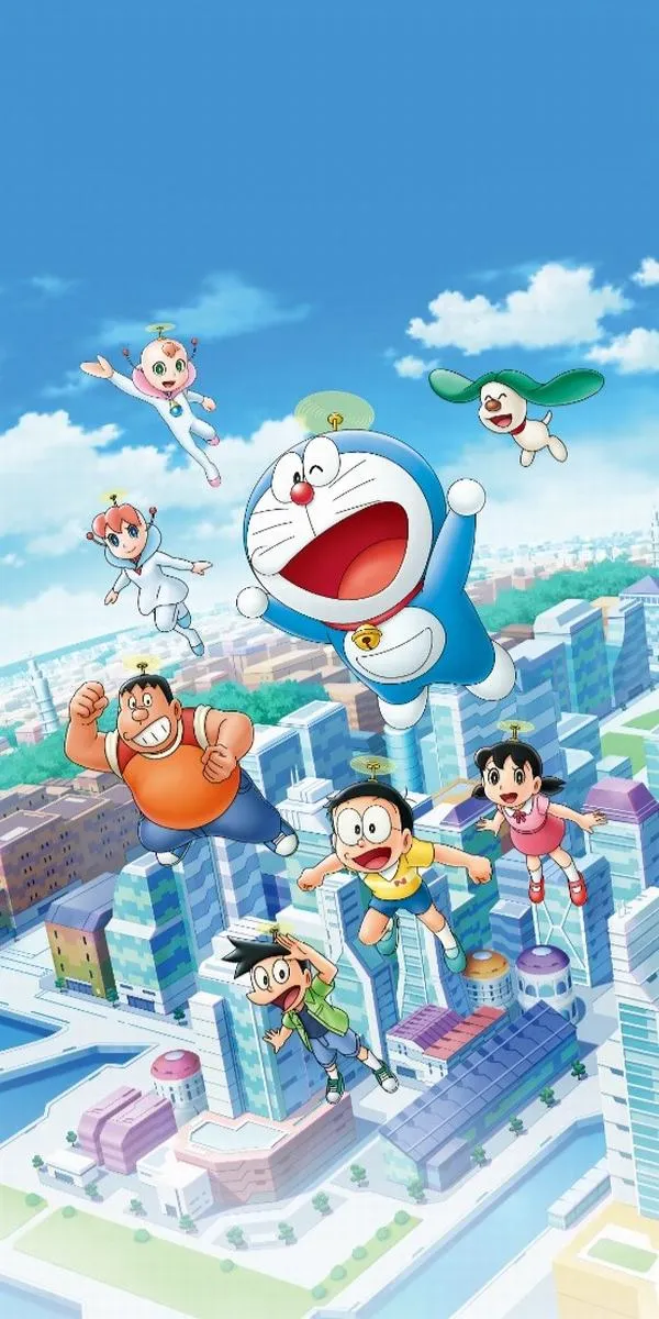 Tải ảnh HD Doraemon bay trên thành phố, chong chóng tre lấp lánh, cảm giác tự do, anime sáng