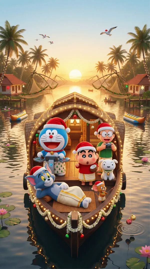 Hình nền HD mèo máy thông minh ngồi thuyền qua rừng dừa, ánh nắng vàng, vibe du lịch yên
