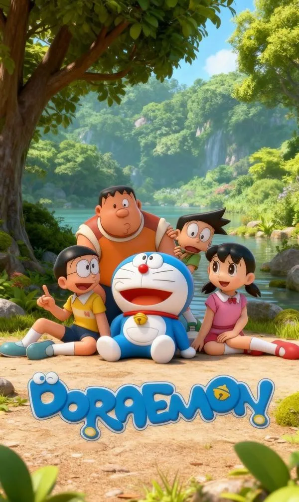 Ảnh đẹp Doraemon và Nobita nghỉ chân bên hồ, nền xanh mịn, chữ Doraemon nổi rõ, hợp avatar