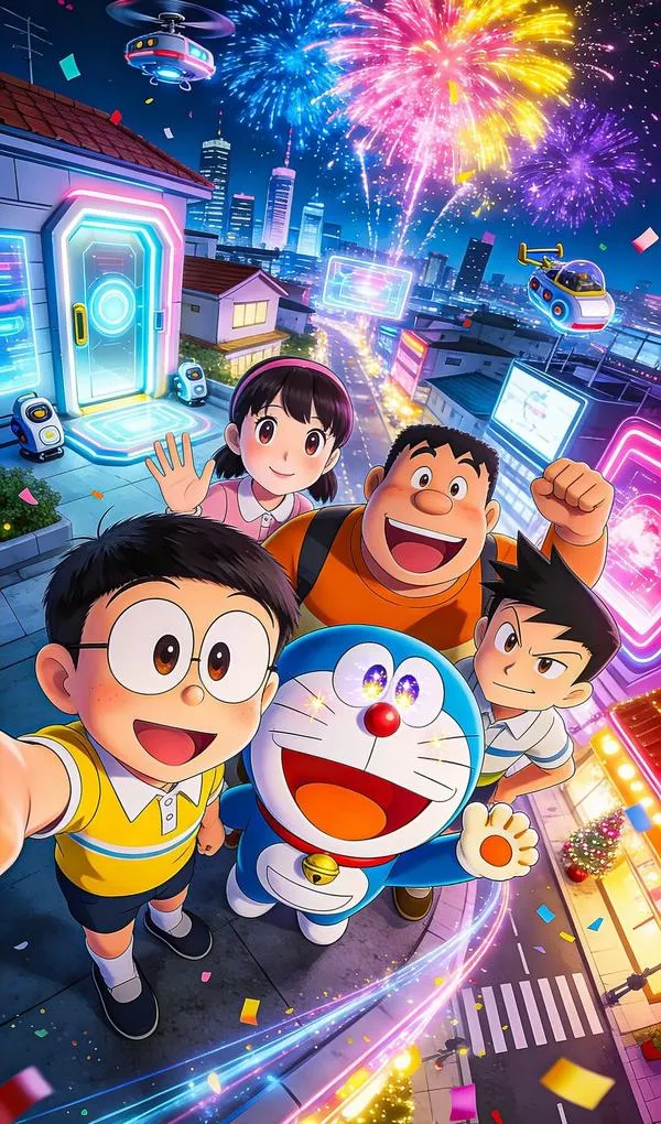 Ảnh fanart ngầu Đô Rê Mon và nhóm bạn dưới pháo hoa neon, ánh sáng đều, chuẩn ảnh bìa anime