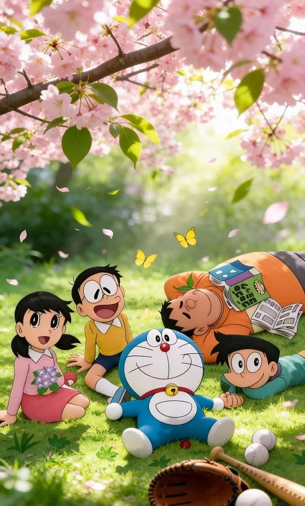 Hình đẹp Doraemon và các bạn dạo dưới tán hoa, nền sáng, biểu cảm rõ, hợp hình nền HD