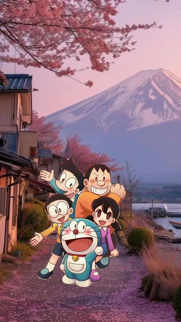 Ảnh fanart Doremon ở làng quê gần núi Phú Sĩ, trời hồng nhẹ, cảm giác bình yên, siêu nét