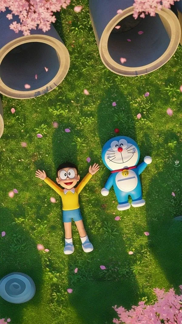 Hình nền 4K Chồn Xanh nằm trên cỏ với Nobita, bong bóng bay, cảm giác vui nhẹ, siêu nét