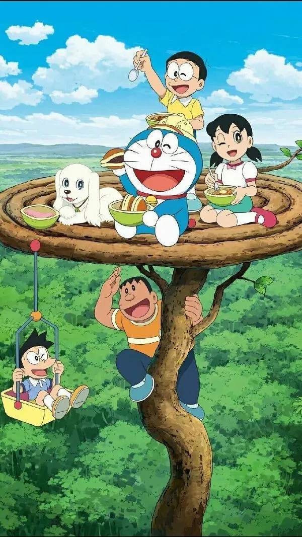 Tải ảnh Dora mèo ú picnic trên cành cây, Shizuka Jaian Suneo đủ mặt, màu trong, dễ thương