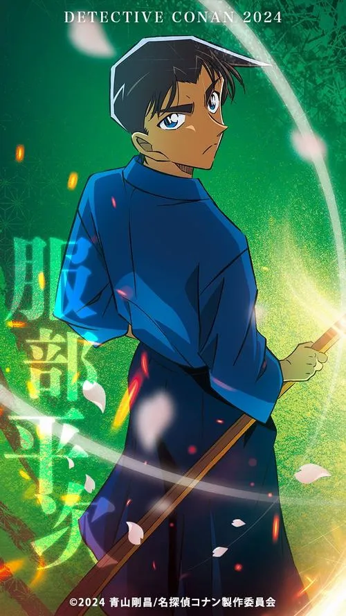 hinh-anh-hattori-heiji-ngau-33 Ảnh Heiji khoác áo xanh, dáng bước nhanh kiểu Kansai, nền ánh sáng rực tạo cảm giác hành động.