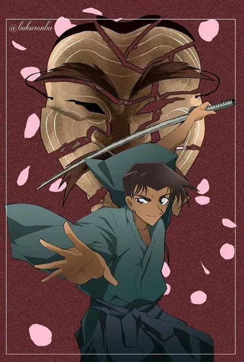 hinh-anh-hattori-heiji-ngau-36 Ảnh fanart Heiji cầm kiếm đạo, nền hồng cánh hoa, thần thái quyết đoán đúng chất Kendo.