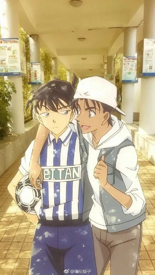 hinh-anh-hattori-heiji-ngau-45 Hình anime Heiji và Shinichi đứng cạnh nhau, ánh sáng dịu, hợp làm hình nền đôi bạn phá án.