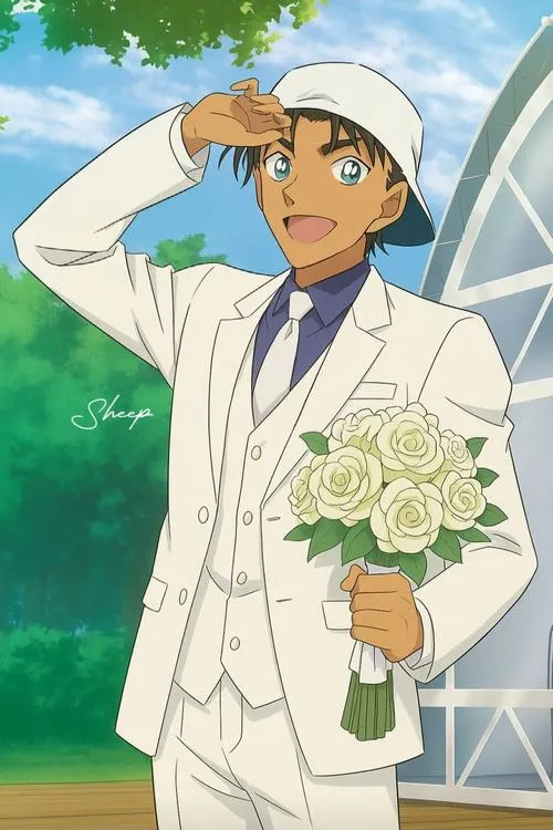hinh-anh-hattori-heiji-ngau-51 Hình nền điện thoại Heiji mặc vest trắng cầm hoa, mood nhẹ nhàng, hợp ai thích phiên bản lãng tử.