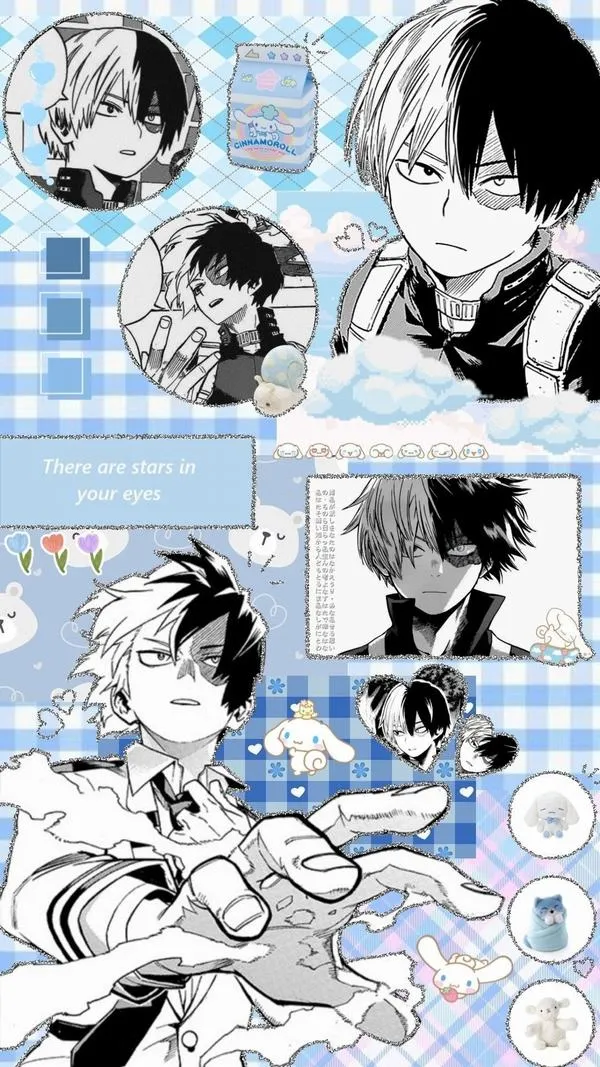 Tranh Shoto Todoroki kiểu manga trắng xanh, nhiều cảnh giao tiếp, ánh mắt dịu hơn.