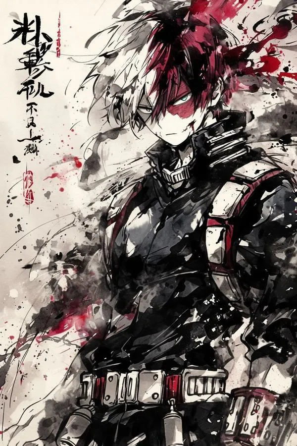 Ảnh Shoto Todoroki nét mực mạnh, tóc chia đôi rối gió, cảm giác cô độc và nặng.