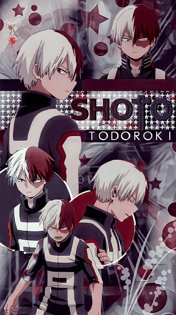 Ảnh nhân vật Shoto Todoroki dạng wallpaper, nhiều góc mặt, nhấn tóc trắng đỏ và sẹo.