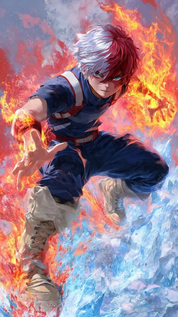 Ảnh Shoto Todoroki bật nhảy giữa băng giá, lửa ôm tay trái, tư thế tấn công gọn.