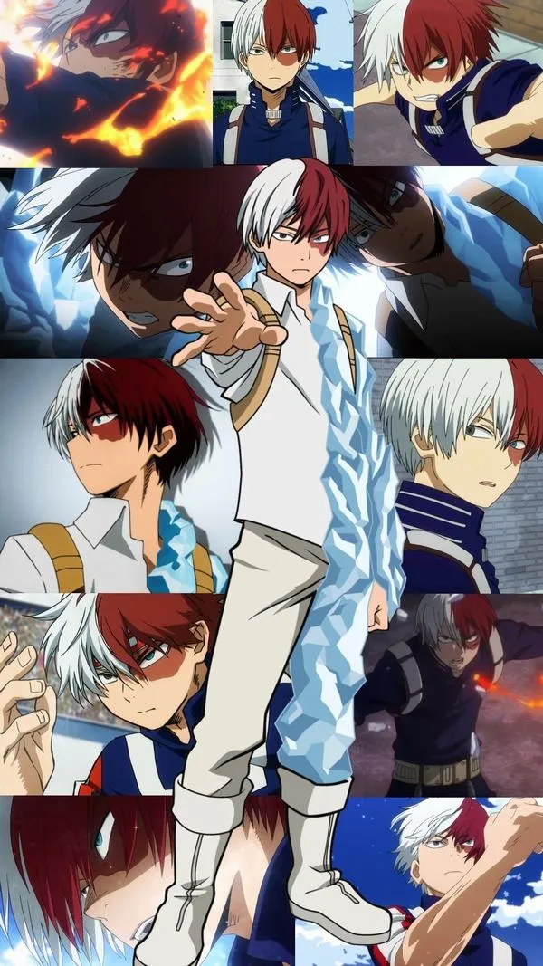 Collage Shoto Todoroki với nhiều khung lớp học, dáng đứng thẳng, vẻ trầm ổn.