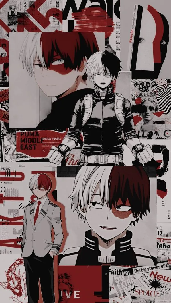 Ảnh Shoto Todoroki manga đỏ trắng, khung chữ dày, biểu cảm lạnh lùng nhưng quan tâm.