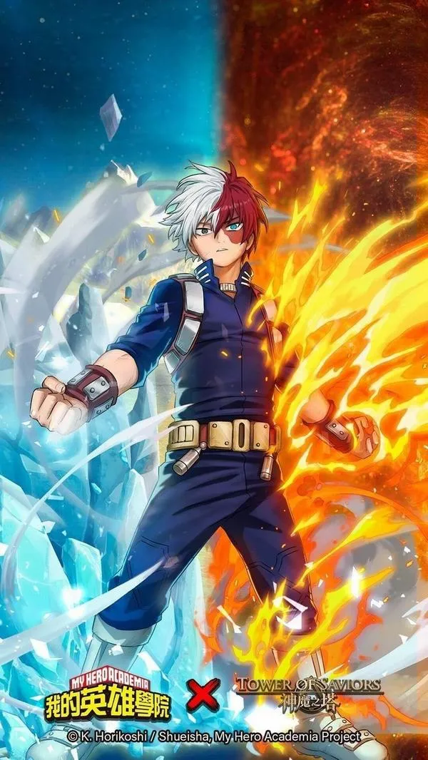 Hình Shoto Todoroki toàn thân, một bên băng một bên lửa, đứng giữa nền trời như chia đôi.