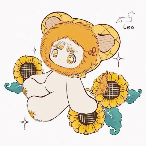 Một nhân vật nữ chibi đang thử son trước gương tròn, vương miện nhựa đặt lệch trên tóc và váy ngủ màu đào làm ảnh nhân vật Sư Tử nữ cách điệu trở nên vui nhộn