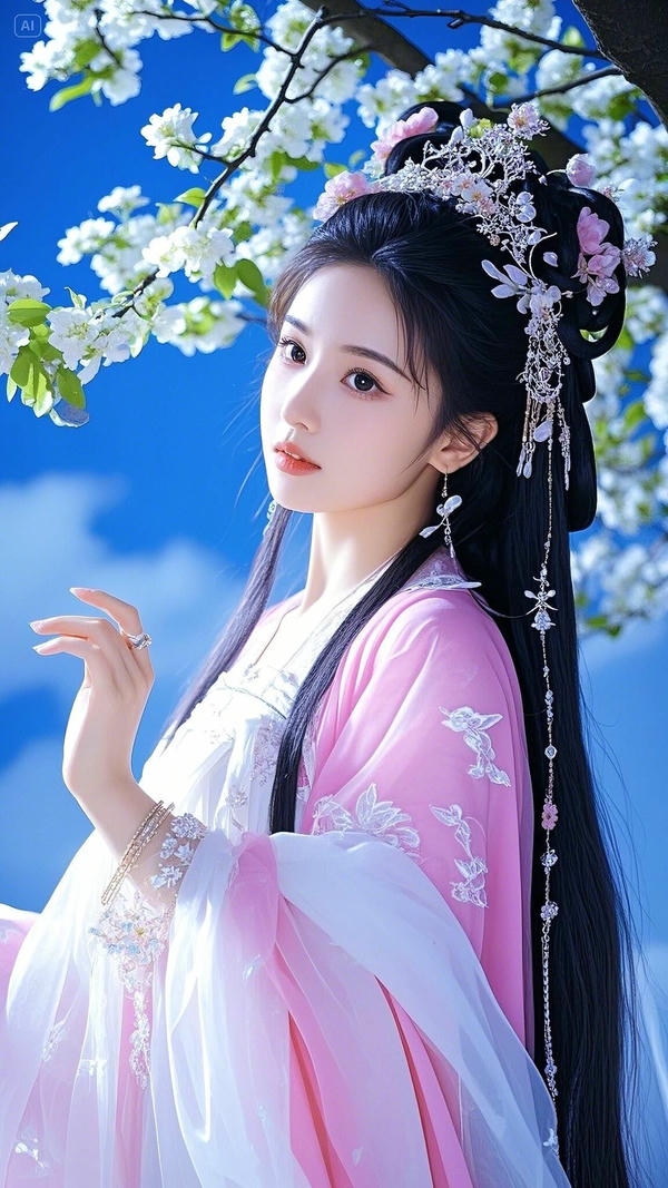 Hình nền gái xinh đứng giữa hoa đào nở rộ.