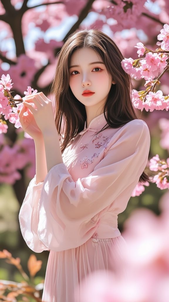Hình nền gái xinh và hoa đào đầy chất thơ.