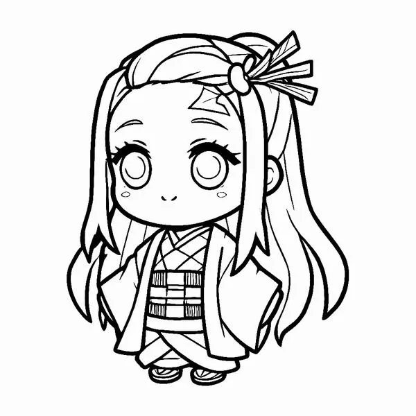 tranh-to-mau-nezuko-1 Tranh tô màu Nezuko chibi ôm ống tre, kimono hồng phấn, nơ hồng nổi bật, nét tròn dễ tô