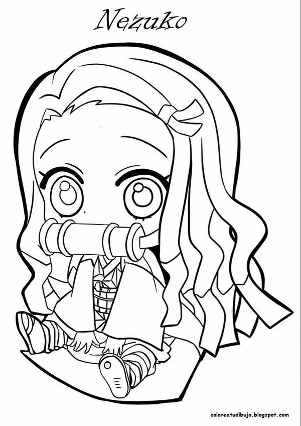 tranh-to-mau-nezuko-10 Nezuko chibi ngồi xếp chân, tay ôm nhẹ, má ửng hồng, biểu cảm ngây thơ khiến ai cũng thích