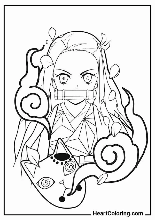 tranh-to-mau-nezuko-14 Nezuko chibi đứng cạnh đốm sáng, kimono hồng dịu, khuôn mặt tròn xoe, cảm giác rất đáng yêu