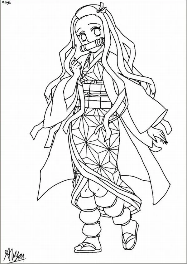 tranh-to-mau-nezuko-15 Tô màu sáng tạo cho mẫu tô màu Nezuko chibi, thêm nền đêm xanh tím, trăng vàng, lá rừng mờ