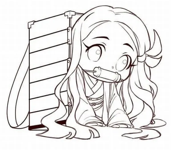 tranh-to-mau-nezuko-2 Nezuko Kamado chibi đầu to chân ngắn, mắt đỏ hồng long lanh, tóc đen mềm, cười rất hiền