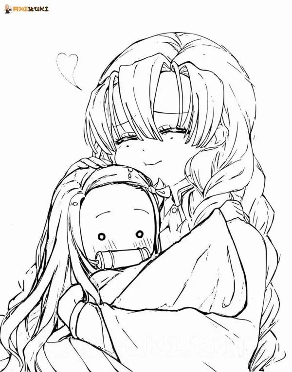 tranh-to-mau-nezuko-21 Nezuko chibi cười nhỏ, ống tre xanh lục, nơ hồng đậm, tóc đen nâu có vệt sáng rất xinh
