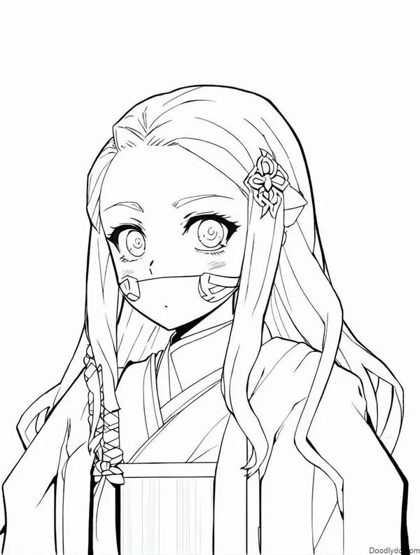 tranh-to-mau-nezuko-5 Nezuko đứng yên giữa lá rừng, nơ hồng nhỏ gọn, cổ áo kimono gọn gàng, cảm giác rất bình yên