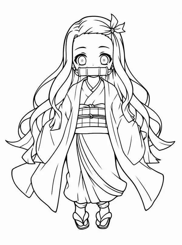 tranh-to-mau-nezuko-8 Nezuko dạng quỷ nghiến nhẹ ống tre, tóc dài xoã, haori đen tối, dáng đứng như sẵn sàng chiến đấu