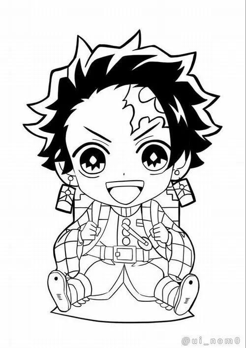 Tanjiro chibi ngồi khoanh chân, bông tai hanafuda rõ, nụ cười hiền nhìn muốn tô ngay